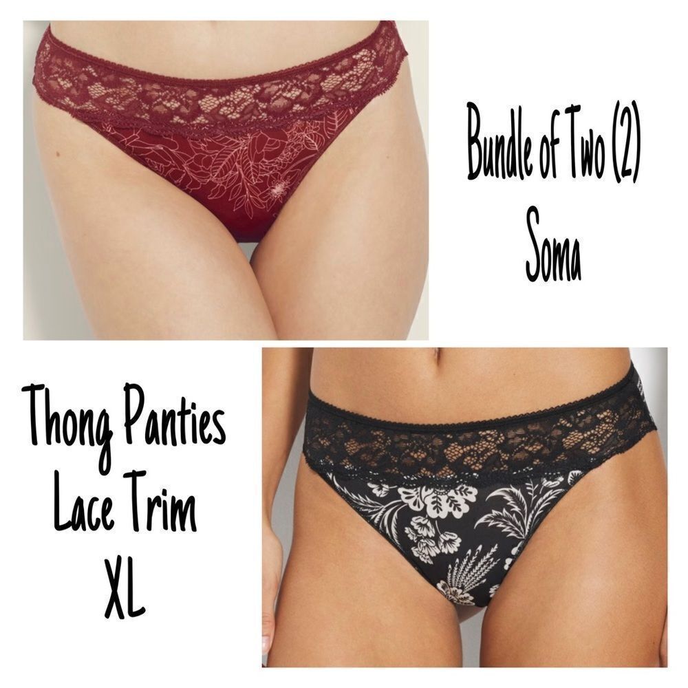 Soma Lace-Trim Thong Pair - Burgundy & Black Floral NWT